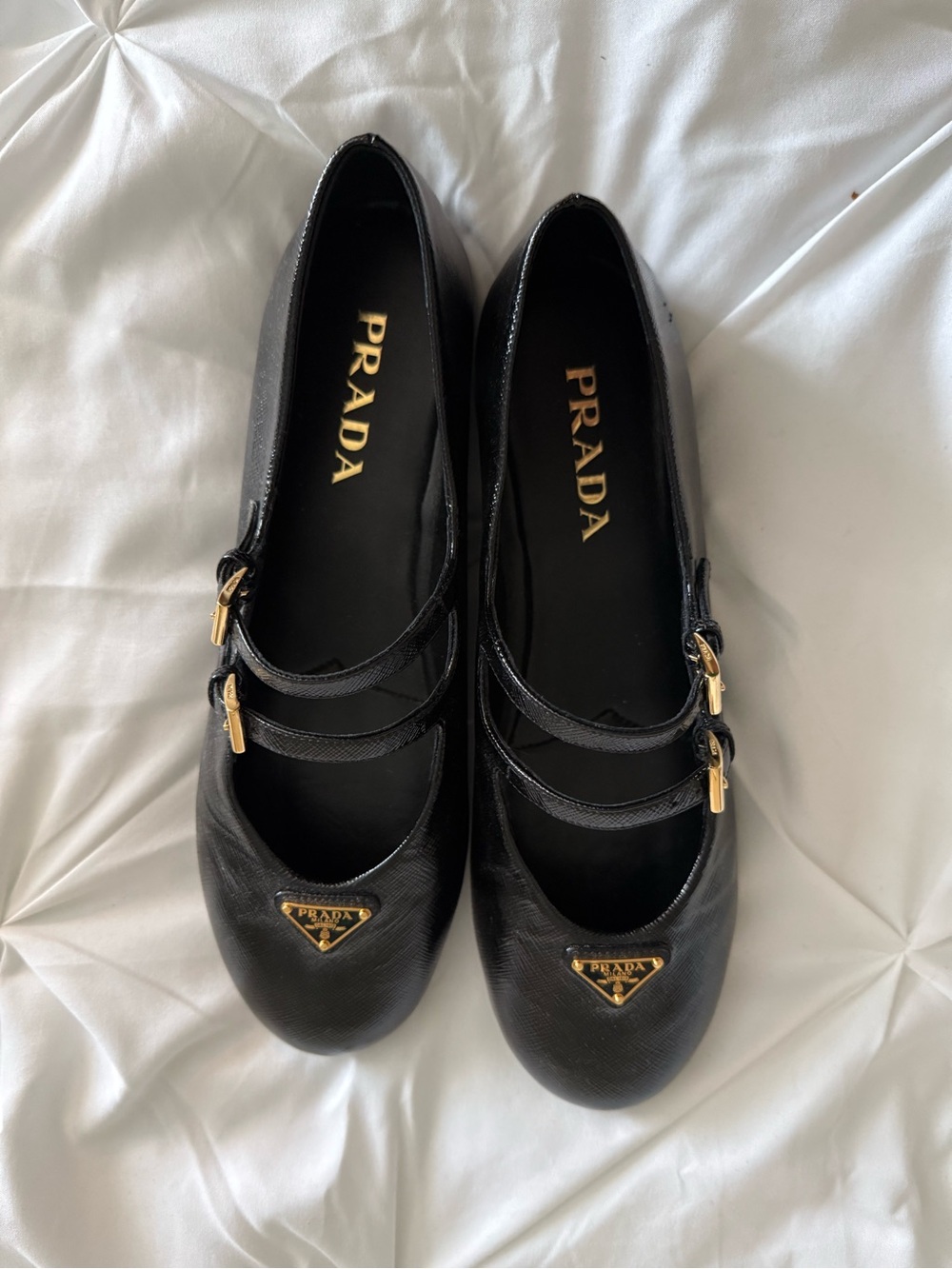 Prada Black Leather Double-Strap Mary Jane Flats with Gold Logo